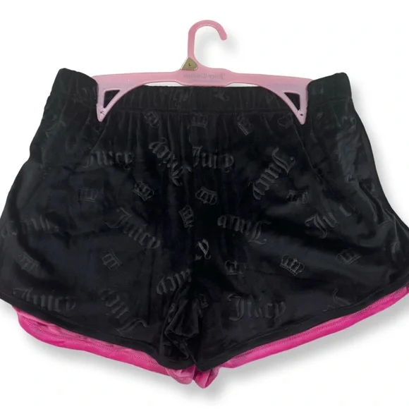 JUICY COUTURE VELOUR SHORTS LOUNGEWEAR RHINESTONES PINK BLACK SIZE LARGE Y2K